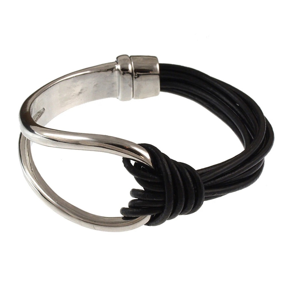 Matt magnetic Silver and Black Leather Bracelet - Picture 3 of 3